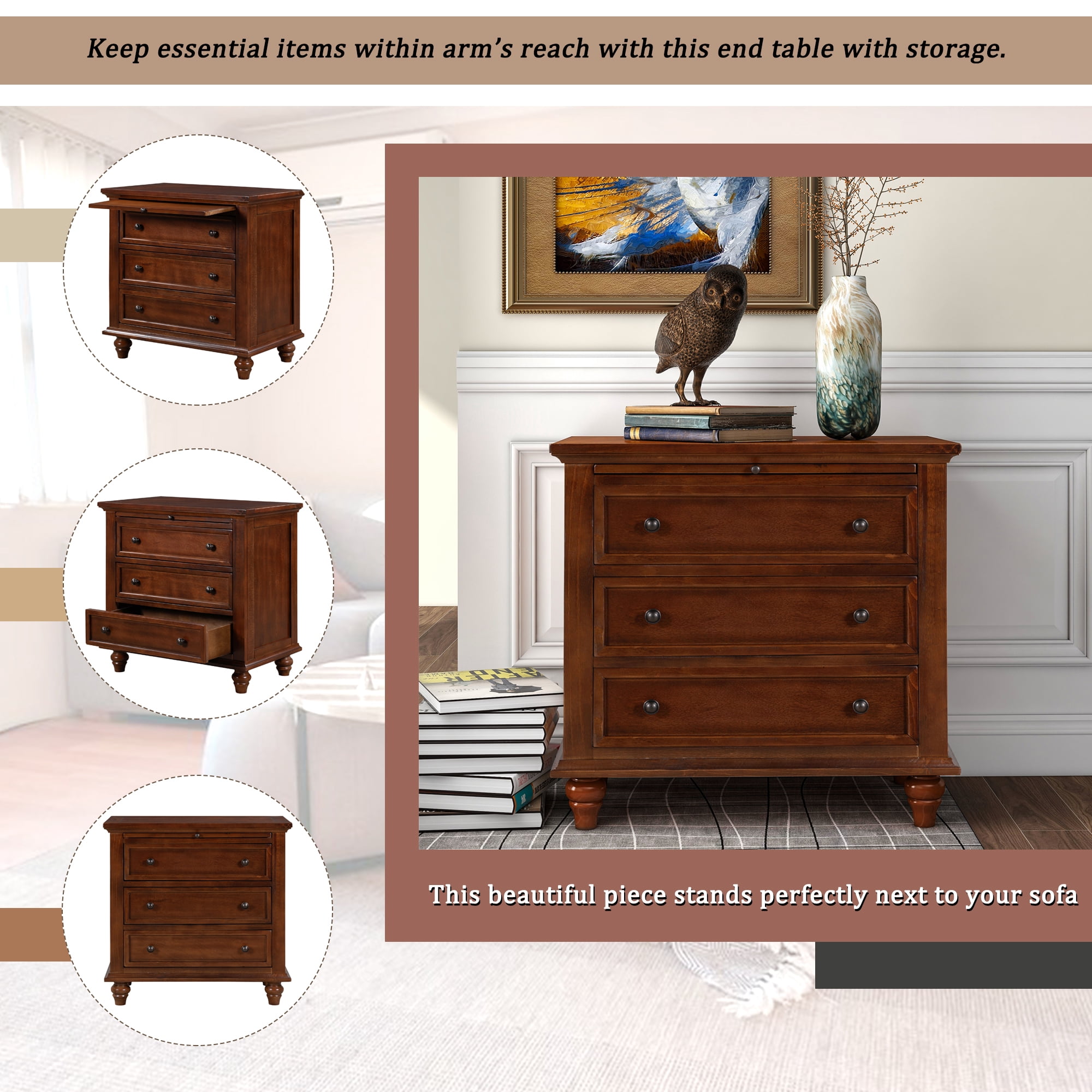 EUROCO Storage Wood Bedside Cabinet，Dresser End Table with Pull out Tray，Bedside Table with 3 Drawers,Rubber Wood Legs，Iron Handle and Solid Frame for Living Room Bedroom Entryway,Brown