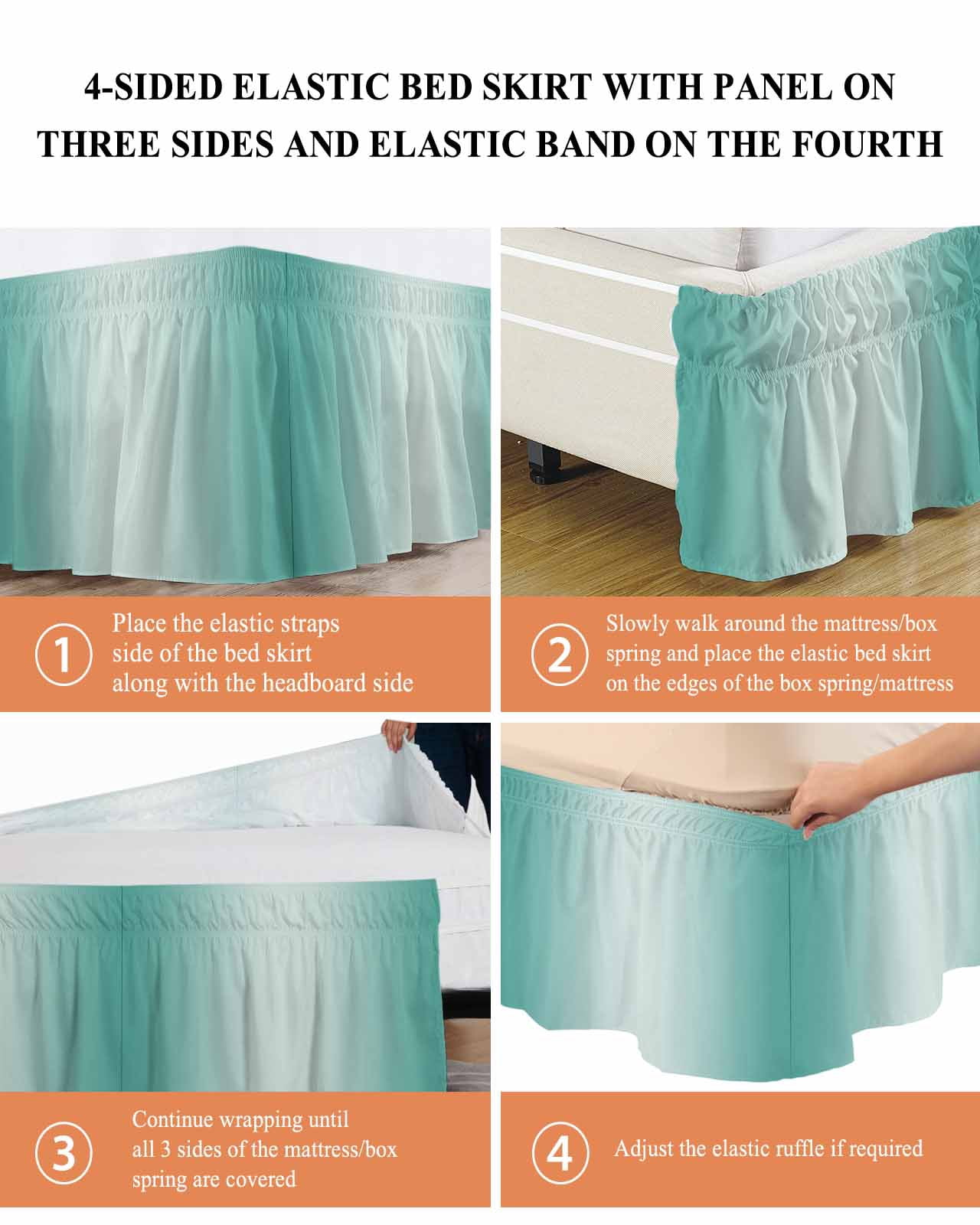 Ombre Bed Skirt Teal Green Gradient Bed Skirts Queen Size 18 Inch Drop, Wrap Around Dust Ruffle&nbsp;Bedskirt with Adjustable Elastic Belt for Queen Size Beds