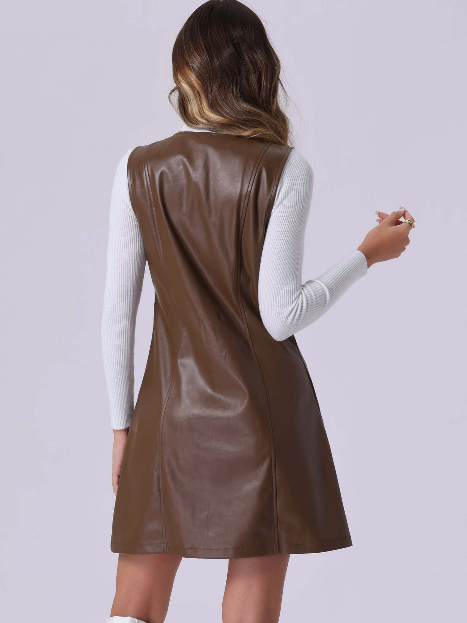 DARING DIVA Women's Faux Leather Button Down Mini Pinafore Dresses XS Brown