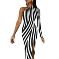 thumbnail image 2 of Black And White Striped Bodycon Dress Summer Abstract Lines Retro Side Split Long Dresses Long Sleeve Printed Street Style Dress, 2 of 5