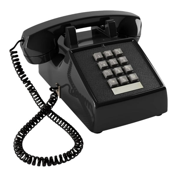Adorno de escritorio con teléfono con cable y control de volumen. Teléfono con cable de diseño retro. Negro