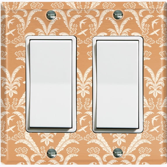 Metal Light Switch Plate Outlet Cover (Victorian Damask Flower Feather Tan Pattern - Double Rocker)