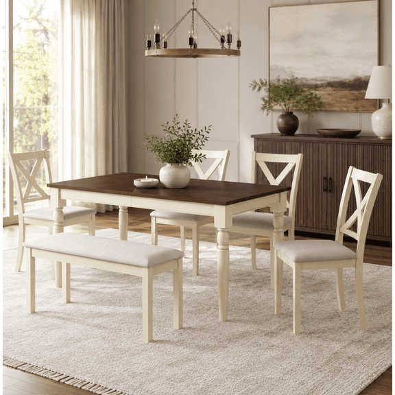 Merluxy 6 Piece 60" Solid Wood Dining Table Set, for Kitchen, Dining Room, Brown & Cream