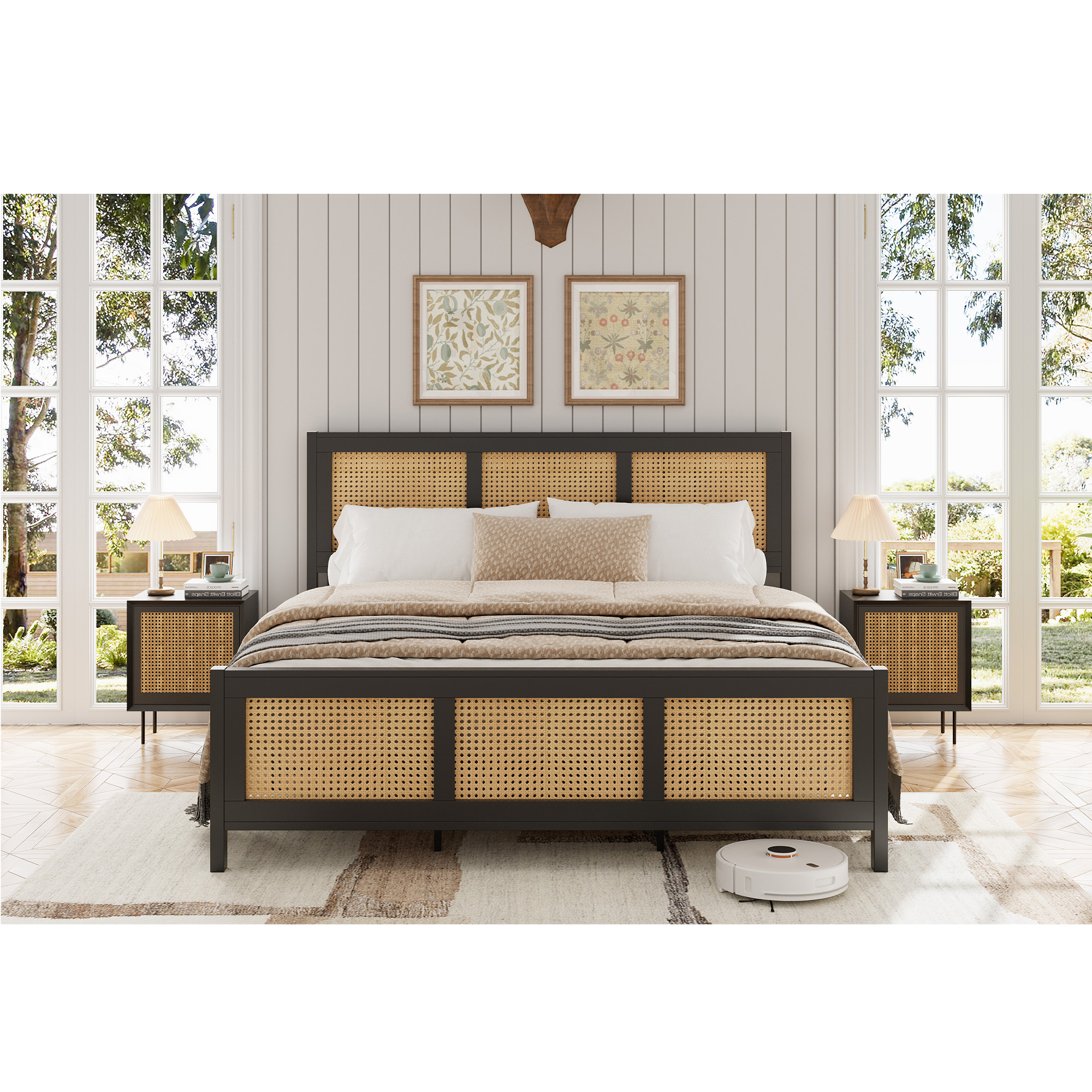 Full Size Rattan Bed Frame, Boho Cane Platform Bed Frame, Modern Style with Headboard & Strong Metal Slat, No Box Spring Needed for Bed Room, Black