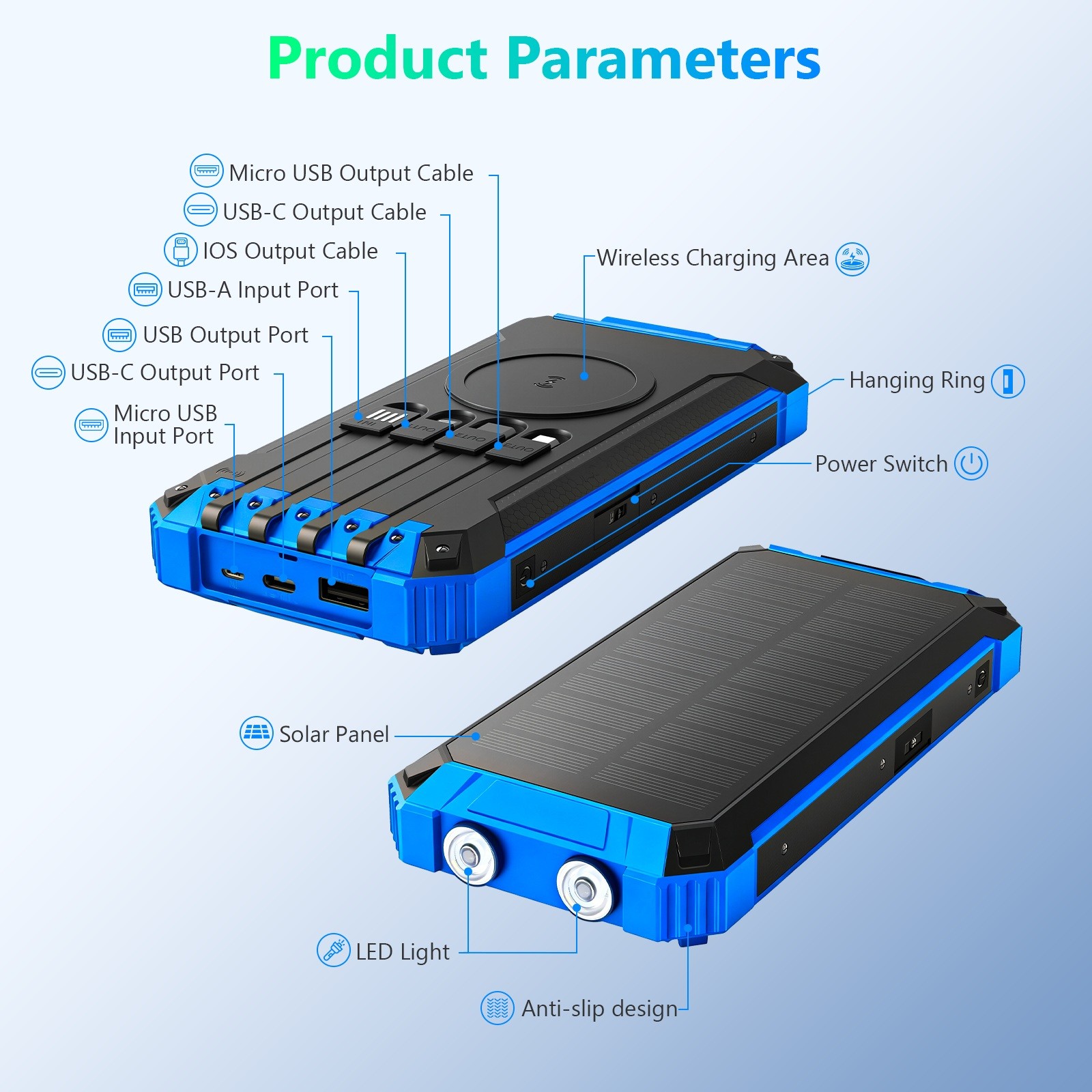 Power Bank Wireless Charger 46800mAh Built in 4 Cables Six Outputs 15W Fast Charging Power Bank for All Mobile Devices Three Inputs Solar Portable Charger with Dual Flashlights, Carabiner(Blue)