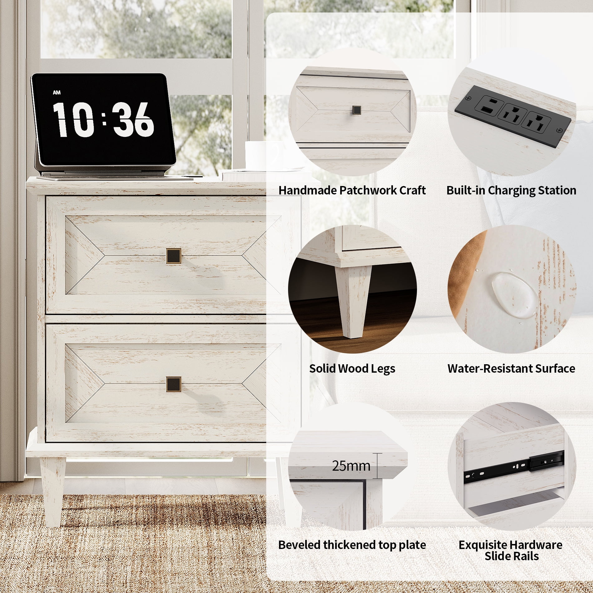 WAMPAT Night Stands Set of 2 with Charging Station, Rustic Farmhouse Bedside Tables with Drawers, White End Tables for Living Room Bedroom, Distressed White