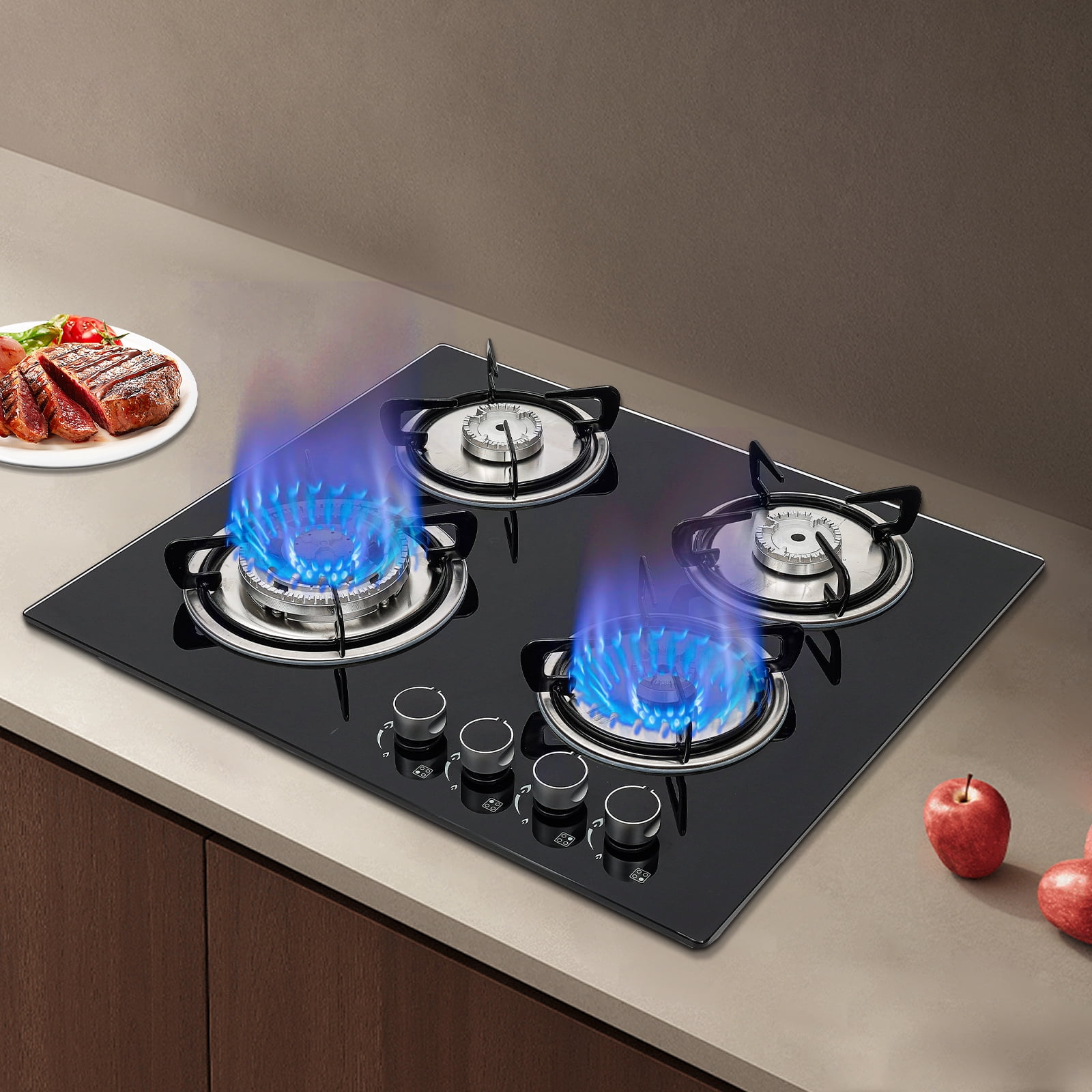 1 PCS Black 4 Burner Gas Cooktops, Used in Homes, Hotels, Restaurants, for Frying, Boiling, Stewing and Braising
