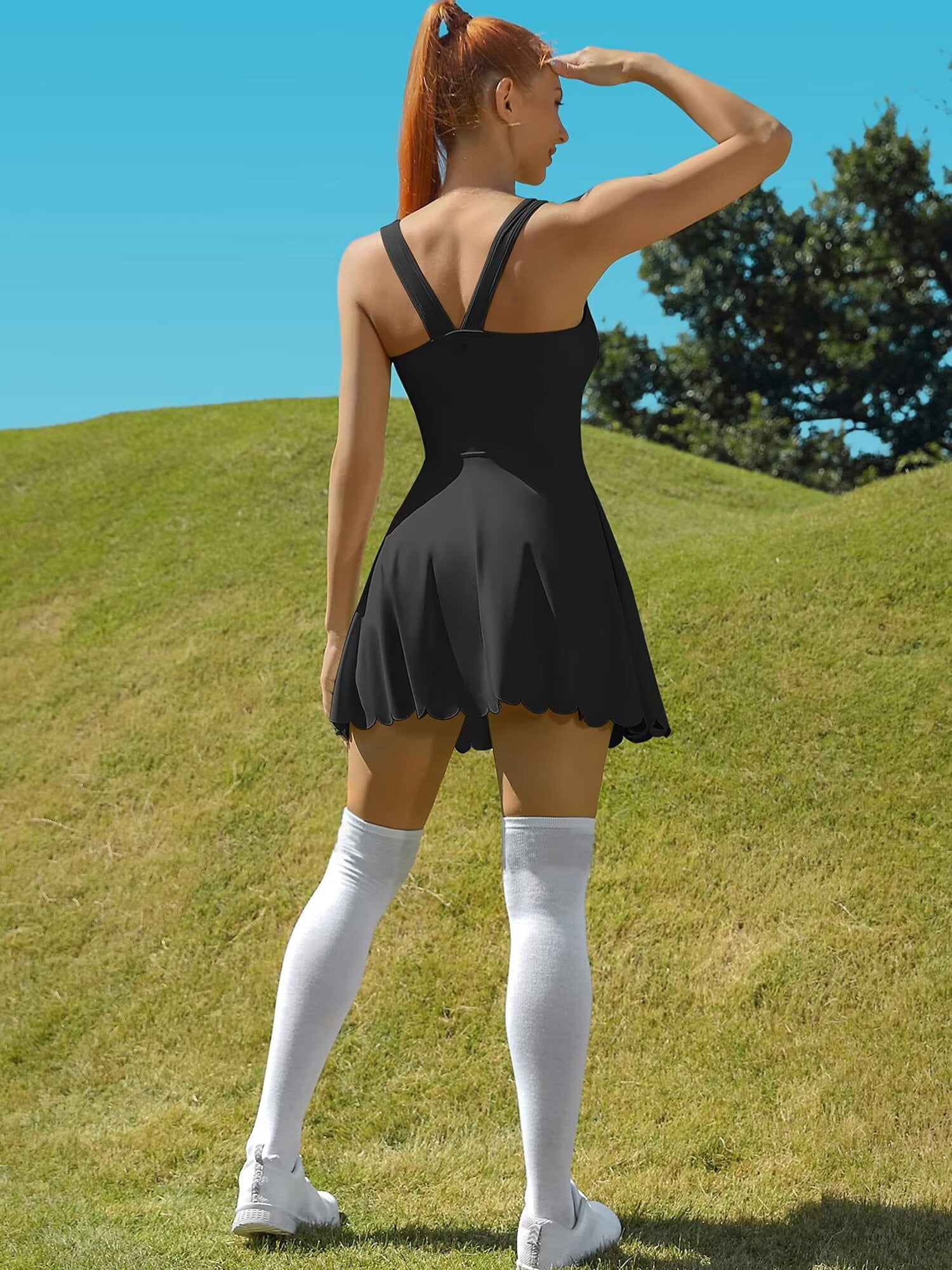 Women's V Back Tennis Golf Dress with Shorts and Built-in Bra Athletic Dress with Pockets
