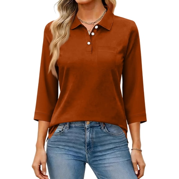 KDDYLITQ Polo Shirts for Women 3/4 Sleeve Button Down Business Tops V Neck Lapel Collar Lightweight Uniform Summer Golf Office Trendy Tees with Chest Pocket Ginger 3XL