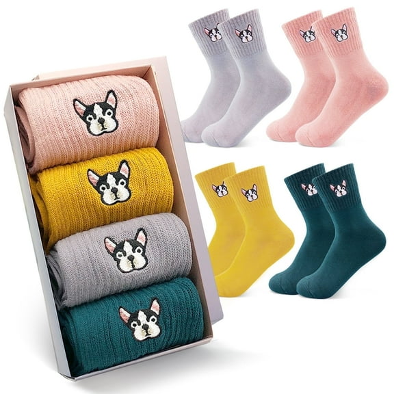 LAVIENTOES Women’s Cute Crew Bulldog Embroidery Socks Gift Set – 4 Pairs Warm Cotton Funny Novelty Holiday Socks for Women, Christmas, Birthday, Valentine’s Gift