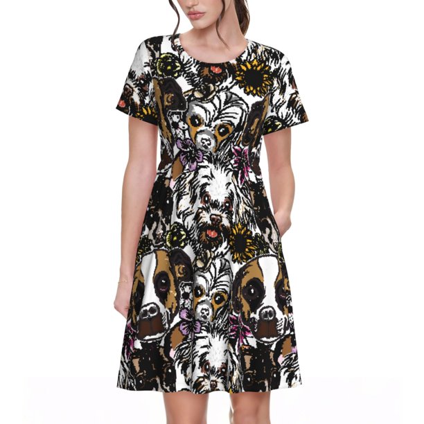 Disketp Cute Dogs Puppy2 para Vestido de Manga Corta para Mujeres, Vestidos de Verano para Mujeres, Casual y Holgado para la Playa