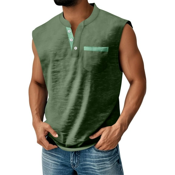 Evdexr Mens Mokaloha Henley Tank Tops Sleeveless V Neck Solid Tee Shirts Chest Pocket Button Up Workout T Shirts Muscle Bodybuilding Casual Shirt Fashion Dark Green 2XL