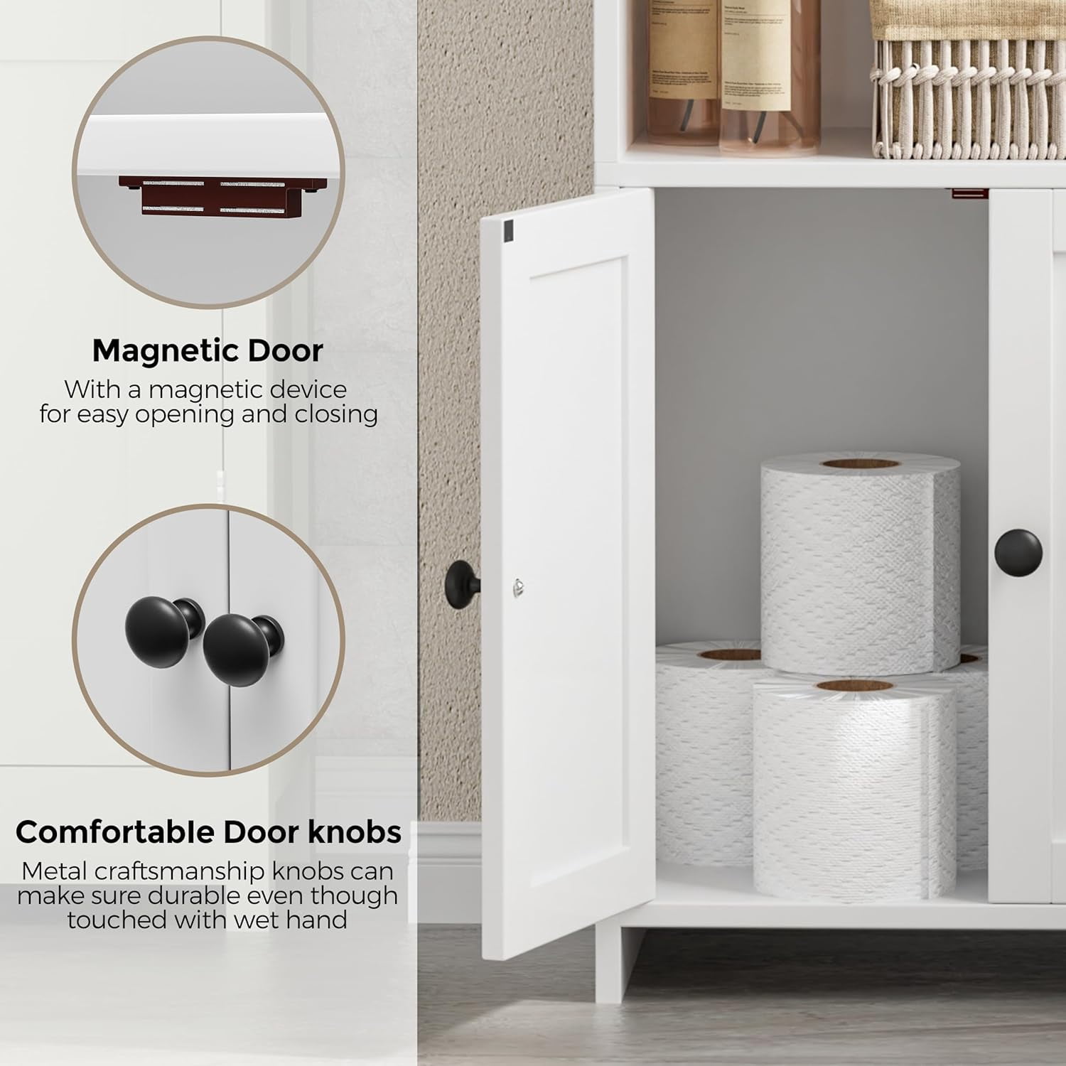 Small Bathroom Storage Cabinet, Freestanding Toilet Paper Storage with 2 Doors and Shelves, Bathroom Organizers and Storage for Small Spaces, Laundry Room, 7.9" D x 14.6" W x 31" H, White
