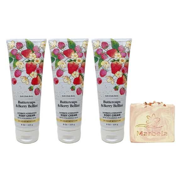 Bath & Body Works Buttercups & Berry Bellini 3 Pack Body Cream Bundle with a Himalayan Salts Springs Bar Soap - Full Size