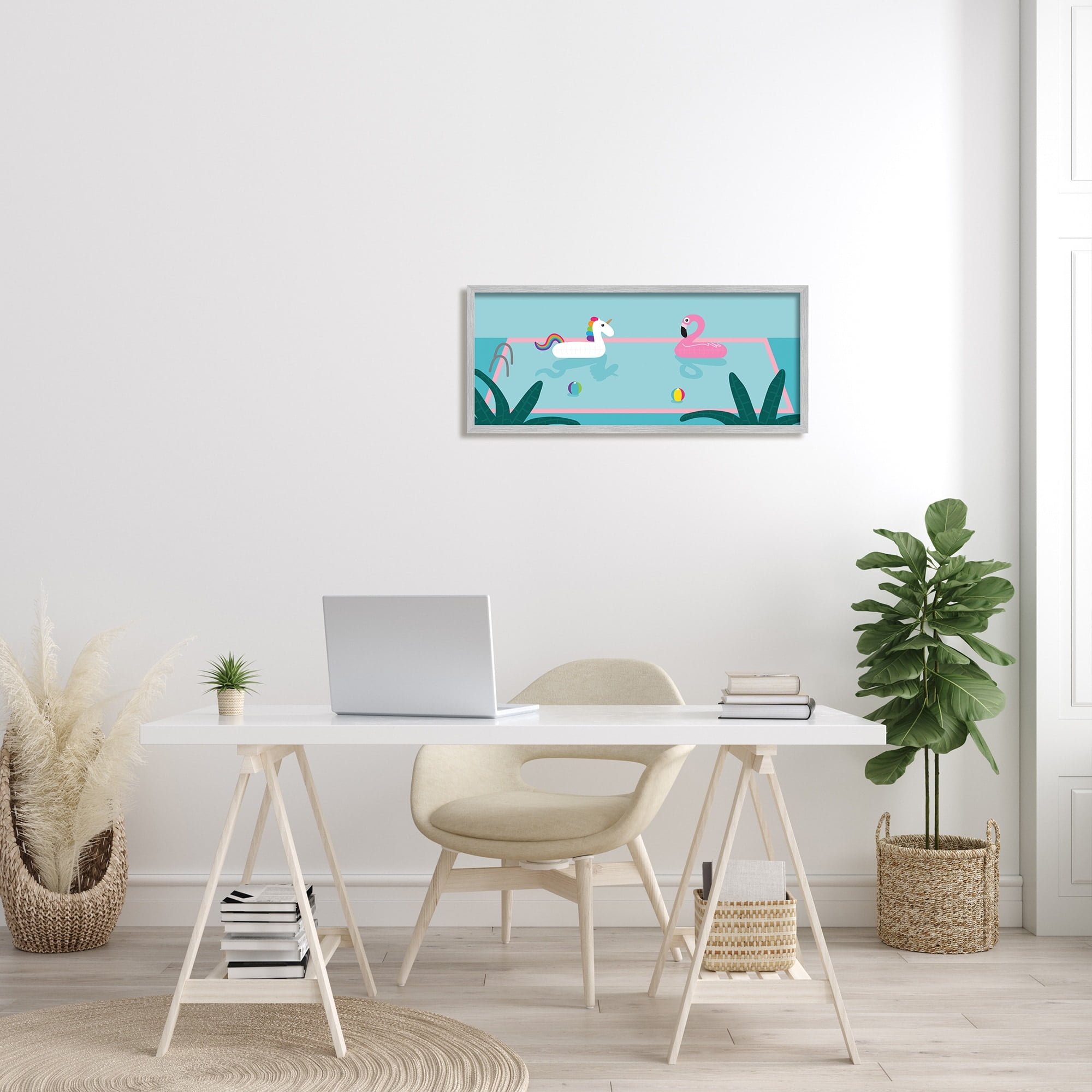 Stupell Industries Unicorn Flamingo Tropical Pool Water Floats Novelty Painting Gray Framed Art Print Wall Art, 13 x 30, Design by Make Much Studios
