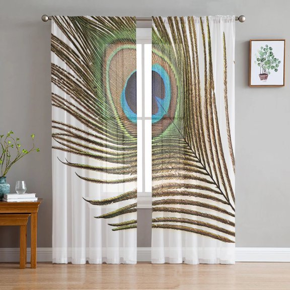 Peacock Feather White Print Sheer Window Panel Curtains Room for Living Room Bedroom Kitchen Room Chiffon Tulle Curtains
