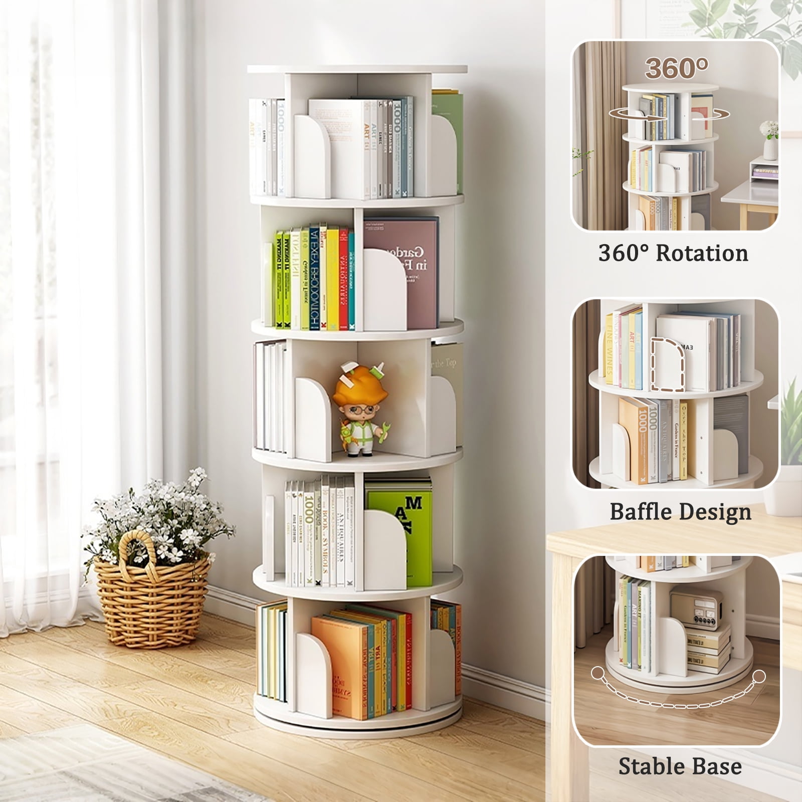 Miniyam 360 Rotating Bookshelf, White Bookcase for Bedroom, Living Room and Small Spaces