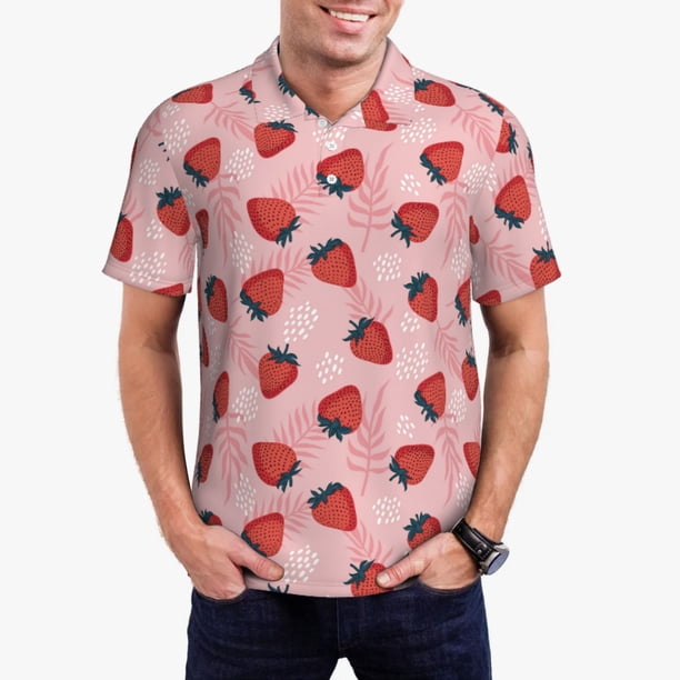 Fotbe Strawberries Camiseta Polo de Golf para Hombre con Estampado – Camisa Deportiva Transpirable con Cuello Abotonado-Small