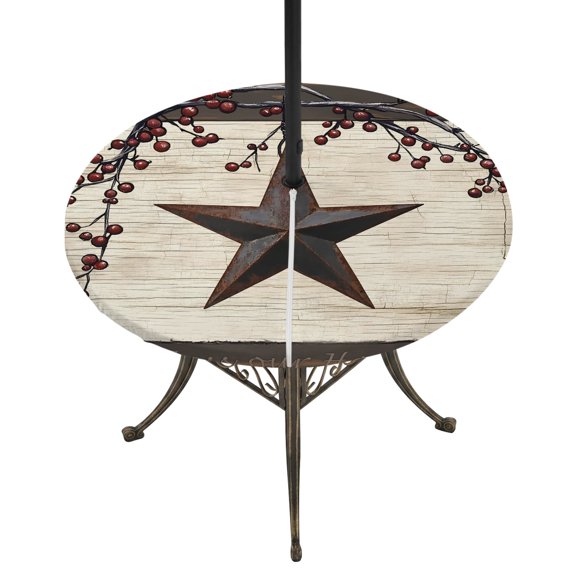 Round Outdoor Tablecloth with Umbrella Hole and Zipper, Texas Star Brown Tablecloth with Elastic Waterproof, Farmhouse Berry Wooden Vintage Patio Table Covers for 36" - 44" Picnic Pool Tables