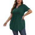 thumbnail image 3 of PINKSIR Plus Size Short Sleeve Henley Shirt for Women Flowy Tunic Tops Loose Fit Pleated Swing Blouse Dark Green 1X-5X, 3 of 7