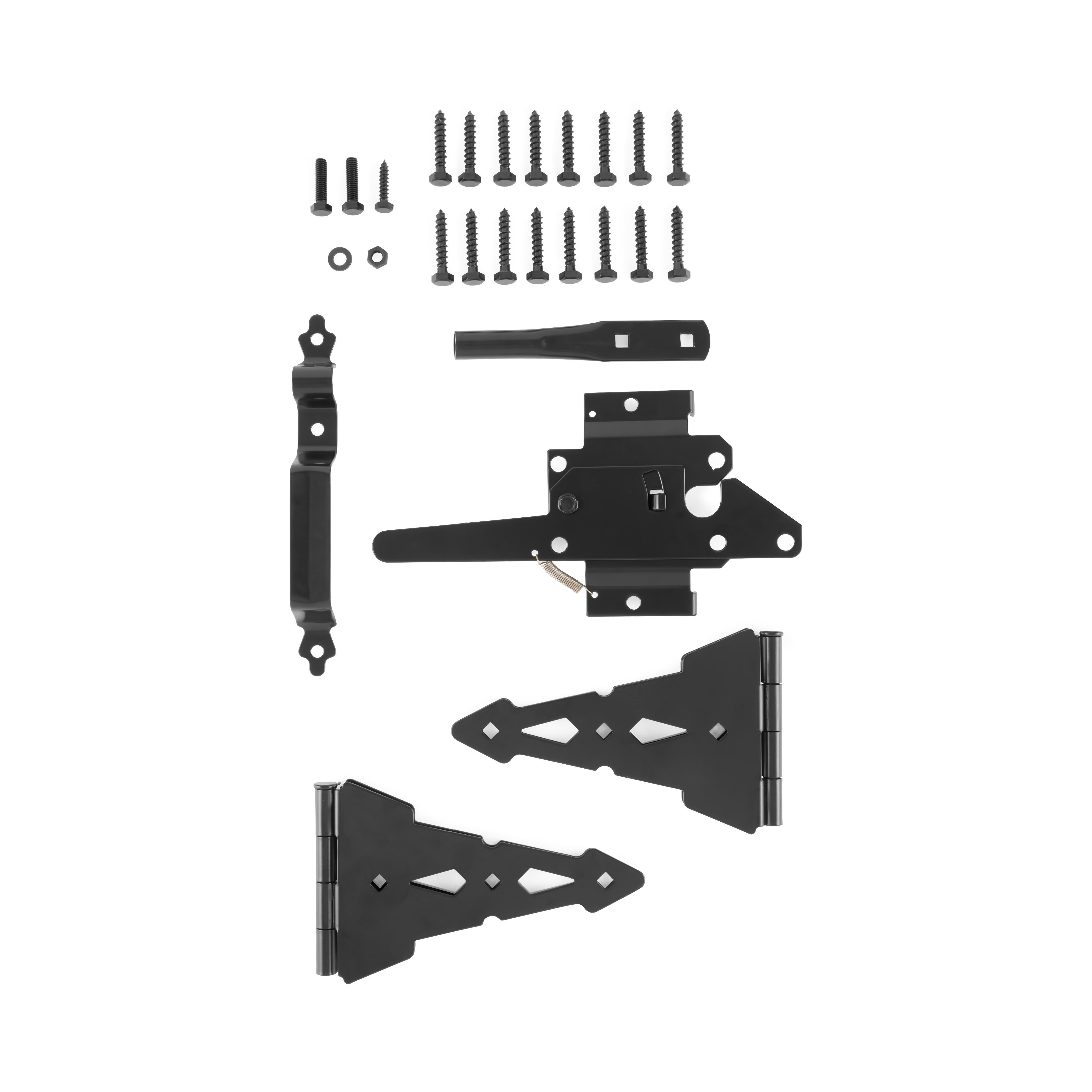 Hyper Tough Black Steel Post Latch Gate Kit with 8" Decorative Strap Hinges, Spring-Loaded Latch, Gate Pull Handle and Installation Hardware