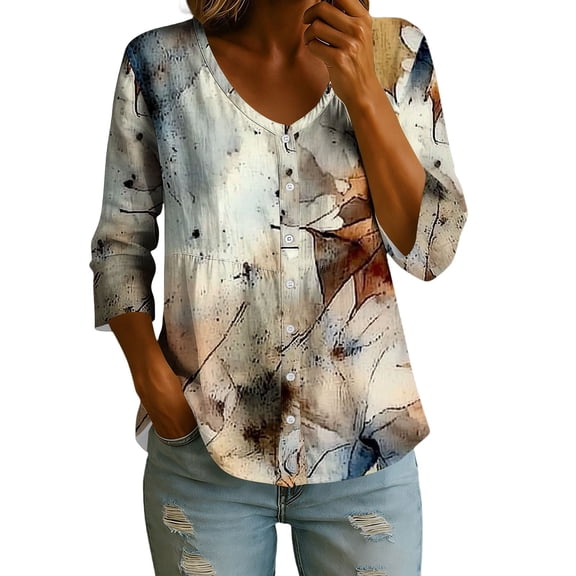 CLOISE 3/4 Length Sleeve Womens Tops Shirts Loose Floral V Neck Pullover Casual Fall Clothes Multicolor M