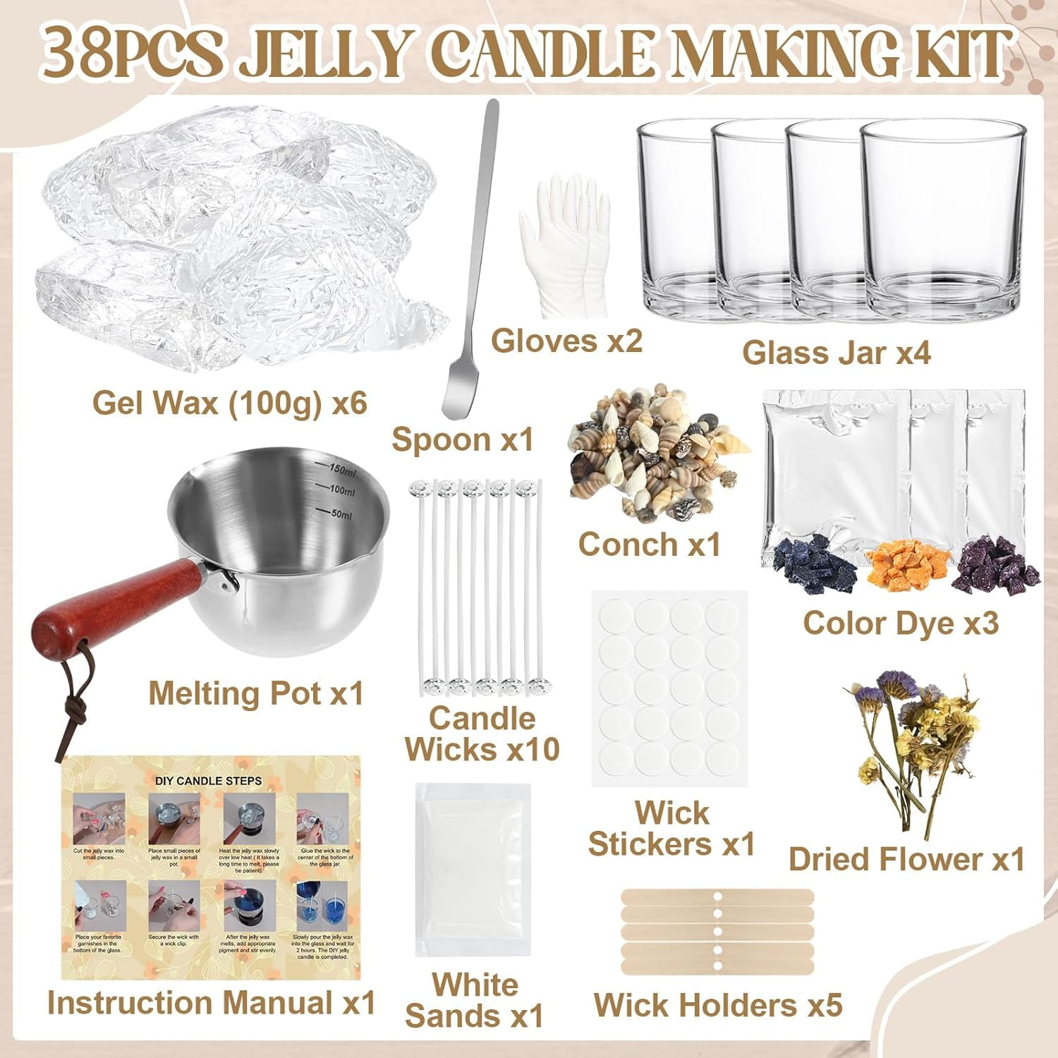 Jelly Candle Making Kit DIY Wax Melts Kit for Adults 1.5 lb Gel Making Wick Dried Flowers Conch Sand Dye Crafting Valentine's Day Gift