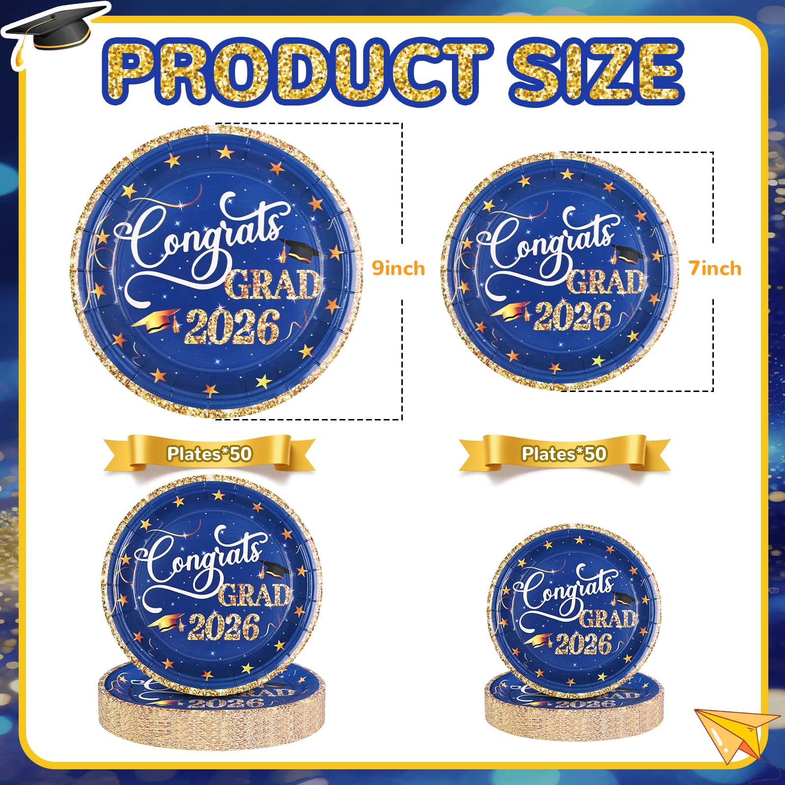 DAZLUTE 100pcs Graduation Paper Plates Decorations Class of 2026 Graduations Disposable Party Supplies(Blue)