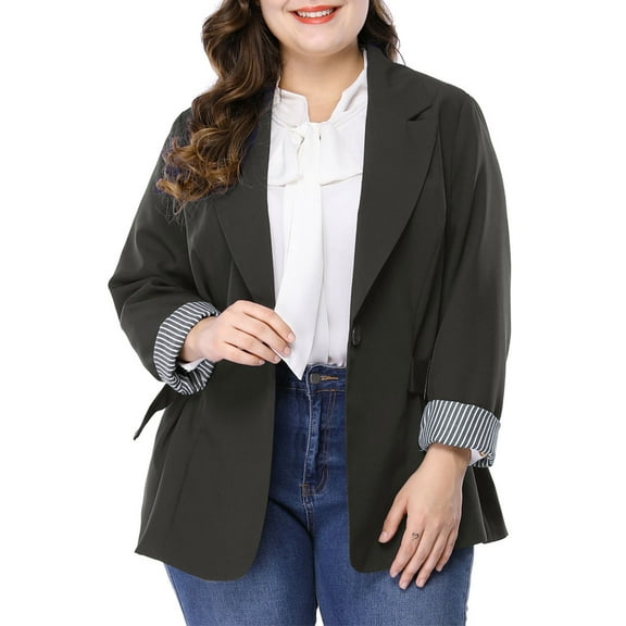 MODA NOVA Juniors Plus Size Stripe Cuff Notched Lapel Casual Blazer