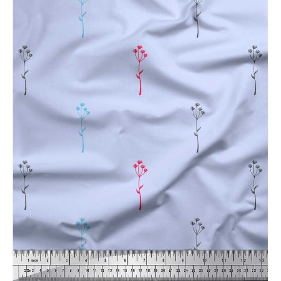 Soimoi Blue Silk Fabric Polka Dot & Leaves Fabric Prints by Yard 44 Inch Wide