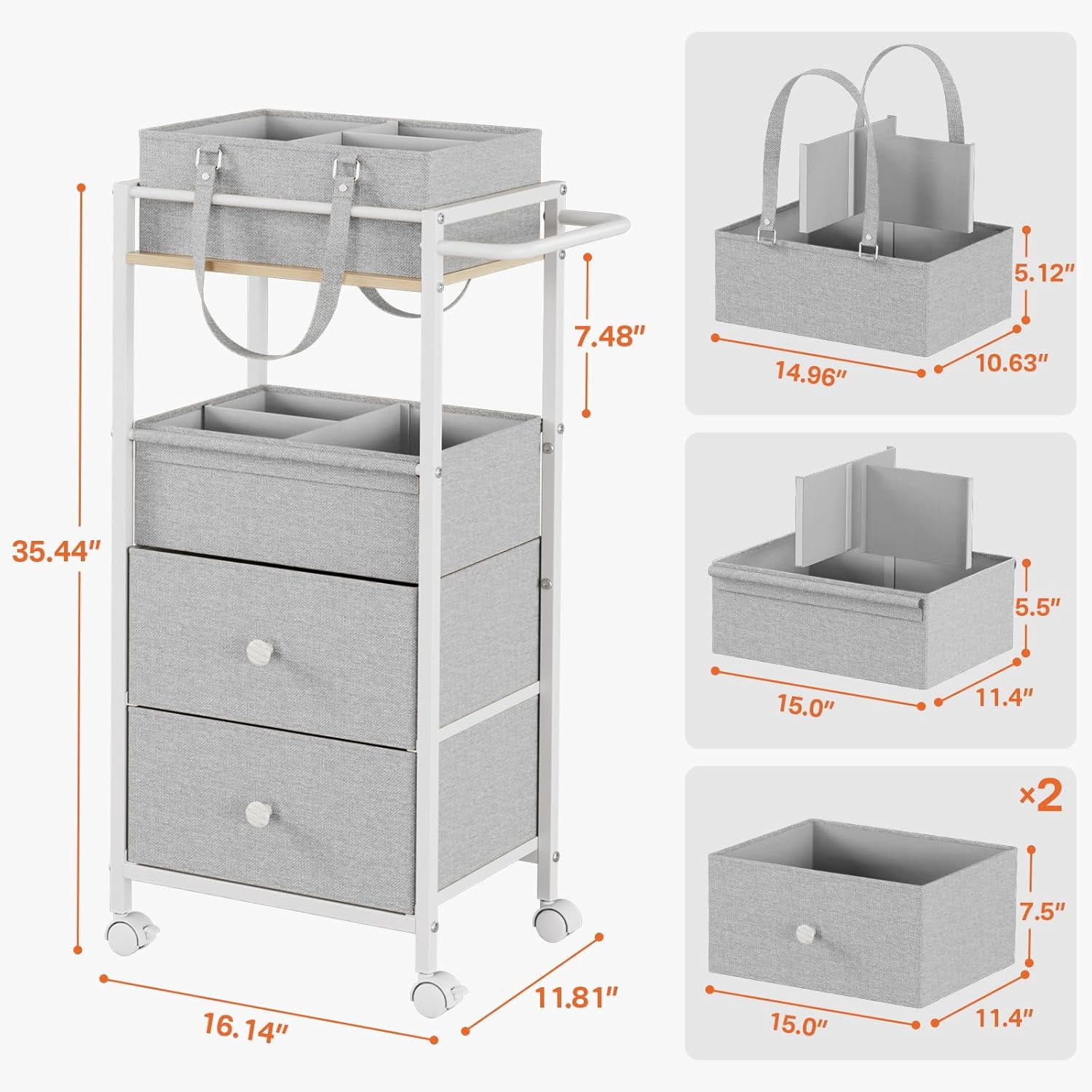 Baby Diaper Caddy Organizer Cart with Drawers - 3In1 Rolling Storage Cart with Wheels, Removable Diaper Caddy, Detachable Dividers - for Crib, Bedroom, Art & Craft Organizer (Light Gray)