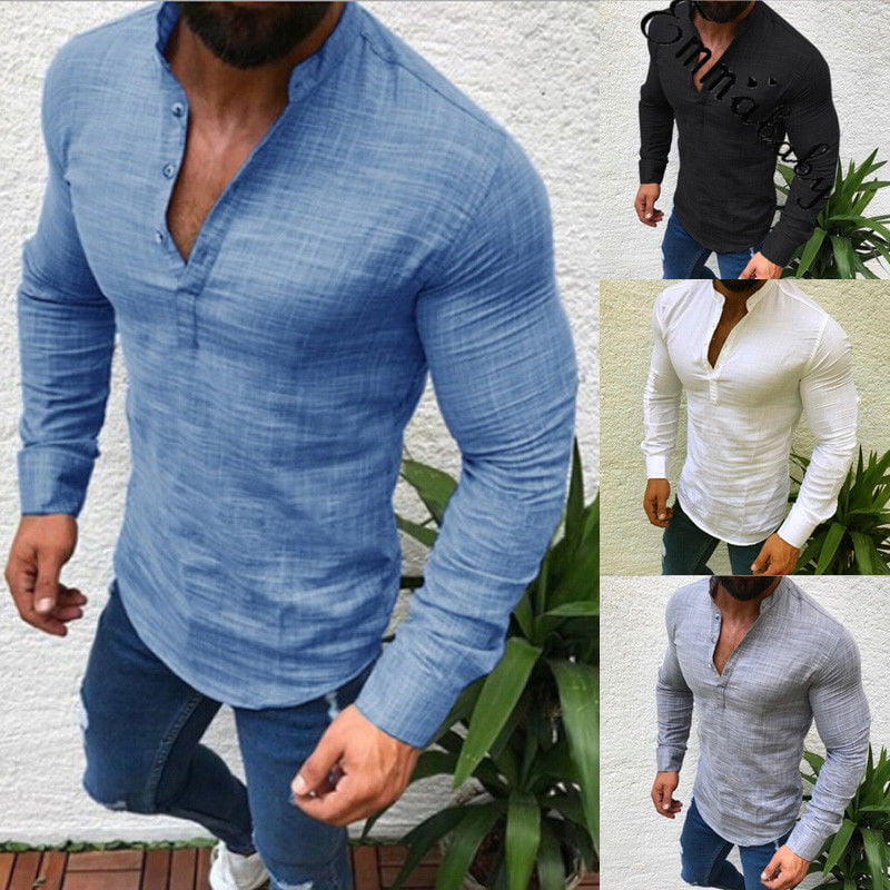 Men/'s Button Henley T-Shirt Long Sleeve Tops Casual Slim Fit Muscle Tee Shirts