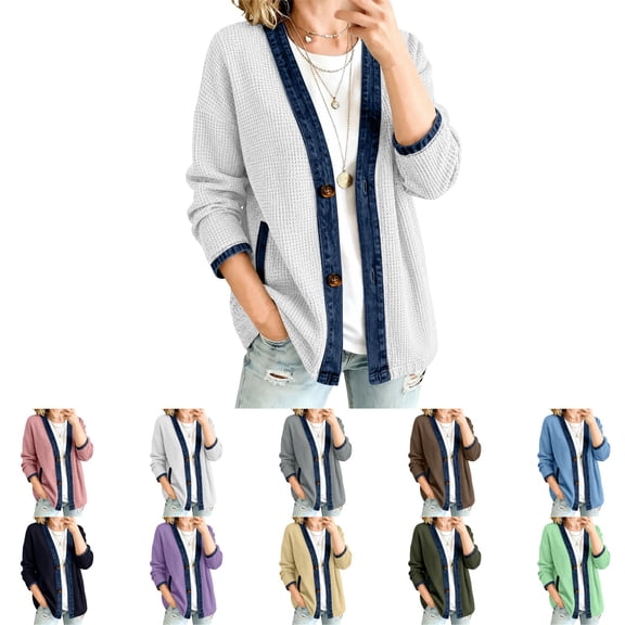 OIOLOYJM Jackets for Women Denim Patchwork Waffle Textured Collared Vintage Travel Jacket Casual Fashion Long Sleeve Button Front Lightweight Blazer
