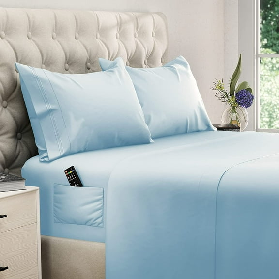 400 Thread Count 4 Piece Quality Sheet Set Deep Pocket 12 Inch 100% Egyptian Cotton Color Aqua Blue Solid Size California King with 2 Side Pockets