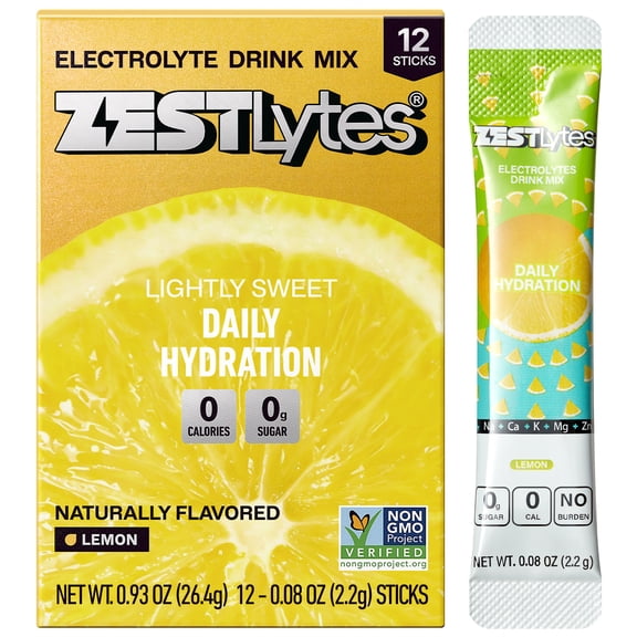 ZestLytes Sugar Free & 0 Calorie Electrolyte Hydration Packets, 12 Sticks Lightly Sweet & Salty Lemon Flavor Electrolyte Powder Drink Mix, Daily Liquid Hydration IV 5 Vitamins & 5 Electrolytes