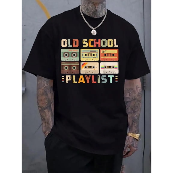 Cotton Cassette Tape Music 80s Retro Old School Playlist T-Shirt Men's Casual Short Sleeve Graphic Tee