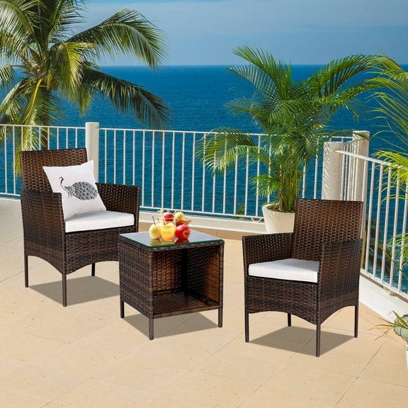 Outdoor Patio Furniture Set, 3-Piece PE Rattan Wicker Bistro Chairs Conversation Set with Cushions and Coffee Table, Small Patio Garden Lawn Pool Backyard Furniture Sets, 285lbs, Beige, S7591