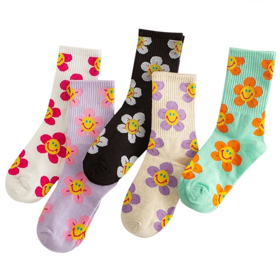 5 Pairs Womens Cute Flower Patterned Funny Novelty Cotton Crew Socks