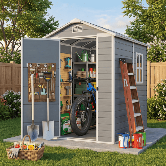 Asofer 6x4 ft Resin Storage Shed with Floor, Lockable French Door & Window, Waterproof Plastic Garden Shed for Backyard Patio Lawn