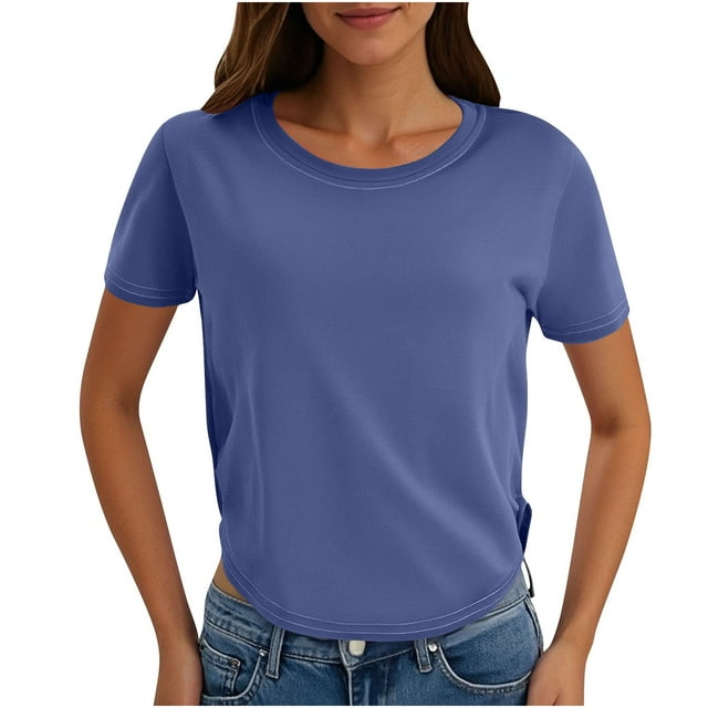 Timegard Crop Tops for Women Round Neck Irregularly Fitting Solid Color Tee Casual Short Sleeve Tops