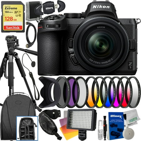 Nikon Z5 Mirrorless Camera with 24-50mm Lens with Essential Accessory Bundle: SanDisk 128GB Extreme SDXC, Ultra Bright 160 LED Video Light, Filter Kits & Much More