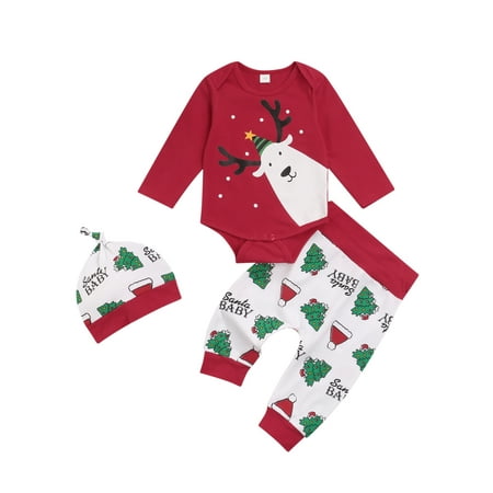 

Frobukio Autumn 3Pcs Baby Boys Girls Christmas Clothes Long Sleeve Rompers Printed Pants Cap Xmas Outfits Red 12-18 Months