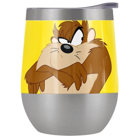 Looney Tunes Official Taz 12 OZ Stemless Wine Tumbler, Stainless Steel Travel Cup|Lake Tumbler|Insulated with Leak Resistant Slide-Lock Lid, Stainless Steel