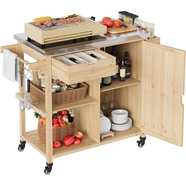 Chariot de Gril Extérieur et Îlot de Cuisine Roulant avec Dessus en Acier Inoxydable - Tiroir d'Armoire de Rangement, Porte-Épices et Roues - Chariot de Bar de Patio Portable pour Préparation des Aliments BBQ en Bois Naturel