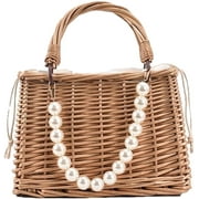 Straw Handbag, Womens Tote Bag Vintage Rattan Woven Summer Beach Tote Pearl Mini Basket Handbag Purse for Travel Daily Holiday