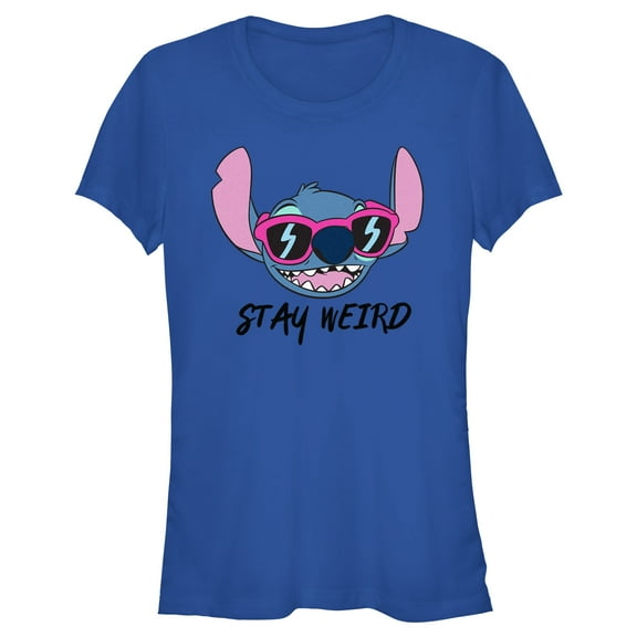 Junior's Lilo & Stitch Stay Weird Sunglasses Stitch Graphic Tee Royal Blue 2X Large