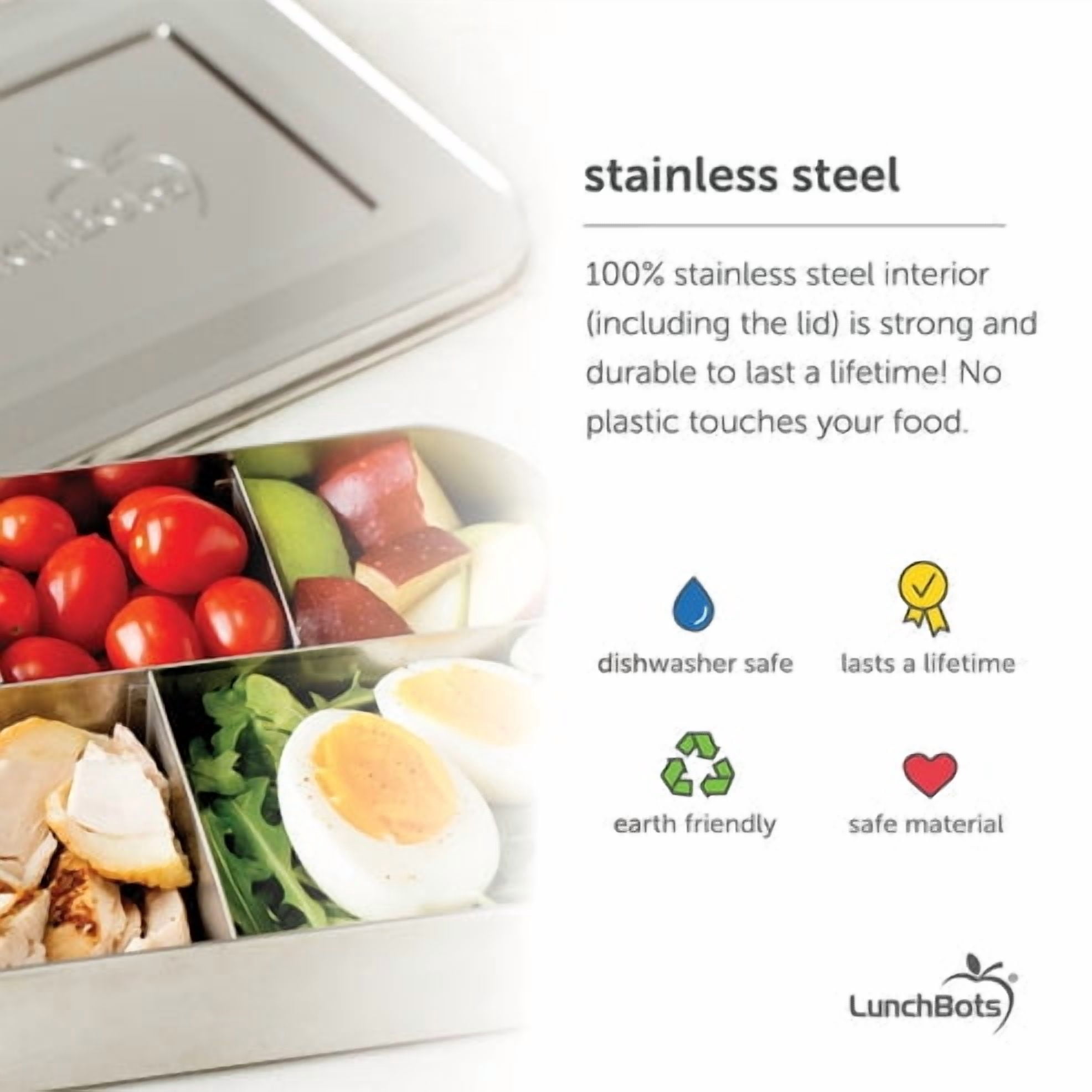 LunchBots Large Trio Stainless Steel Lunch Container -Three Section Design for Sandwich and Two Sides - Metal Bento Lunch Box - Eco-Friendly - Stainless Lid - Stainless Steel
