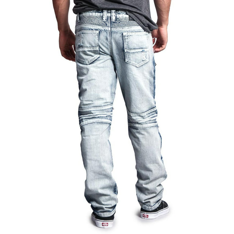 Victorious Men's Distressed Wash Slim Fit Moto Pants Biker Jeans - Ice -  34/30 