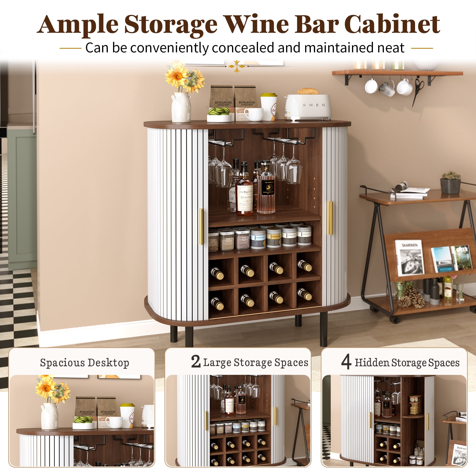 Mintazer 28" Modern Wine Bar Cabinet with Fluted Doors & Drawer, Storage Cabinet with 6 Wine Racks and 3 Glass Holders for Kitchen Living Room, White