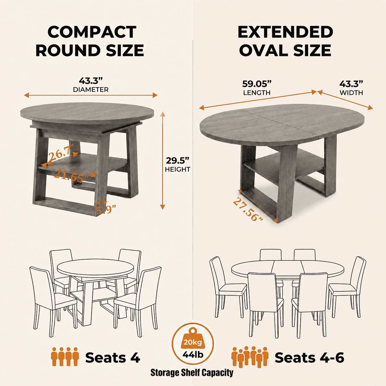 Leumius Extendable Dining Table for 4-6,Round-to-Oval Kitchen Table with Built-In Flip-Up Extension Leaf,Wooden Kitchen Table with Stable H-Shaped Base and Storage Shelf,Gray